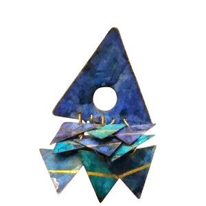 Vintage Brass Geometric Brooch, Painted Blue Triangle with Smaller Shaped Dangle